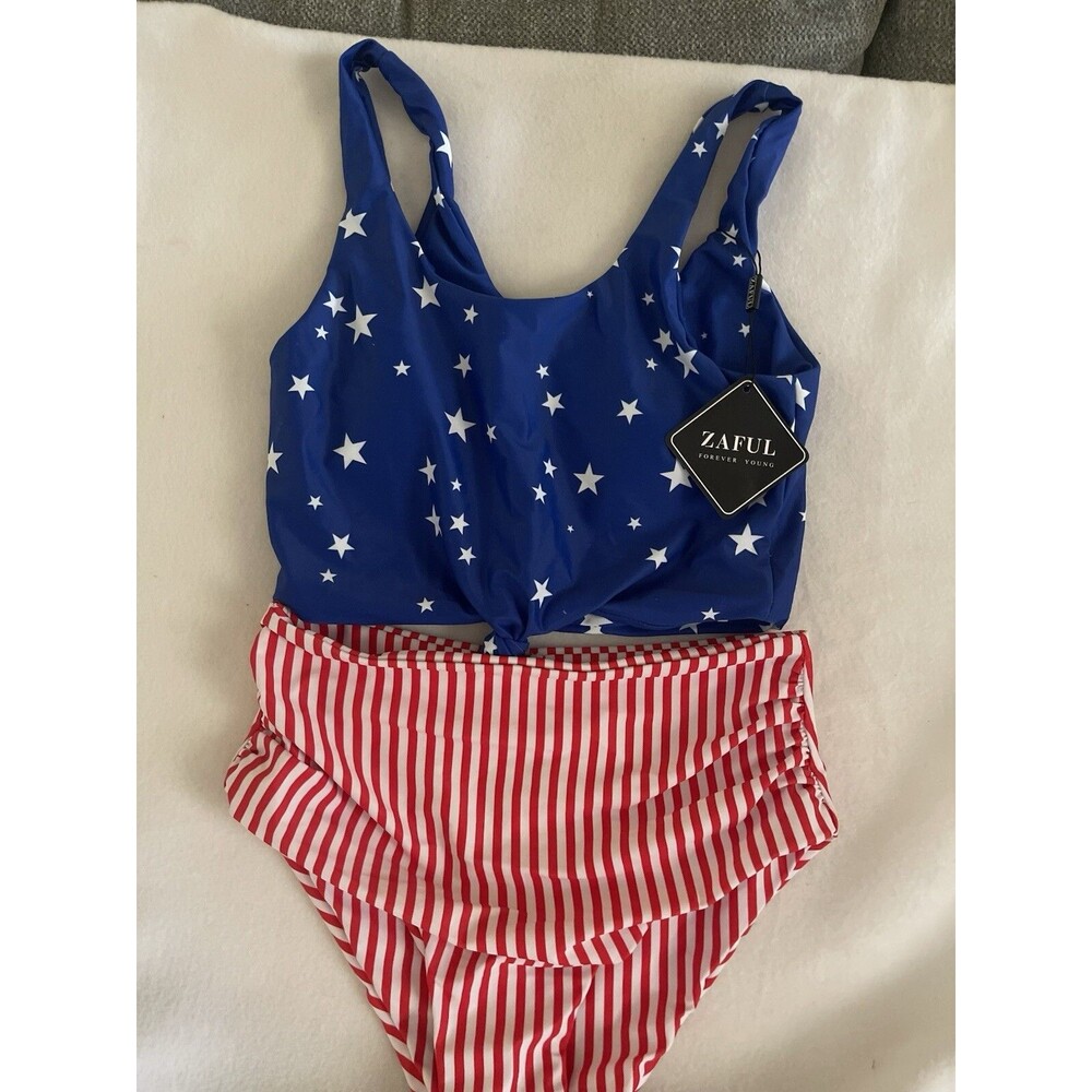 ZAFUL FOREVER YOUNG Bikini Set Red/White Blue Patriotic Women’s SZ 4 Swimwear - Picture 4 of 11